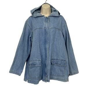 Vintage Bill Blass Jean Jacket Womens Large Hooded Pockets Chore Barn Denim 90s
